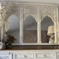 Jharo Wooden Carved Mirror Frame Jharokha (White Distress)
