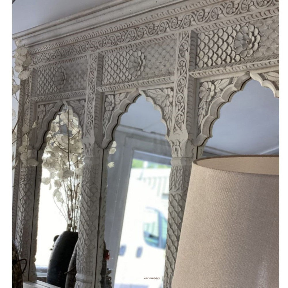 Jharo Wooden Carved Mirror Frame Jharokha (White Distress)