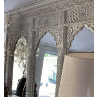Jharo Wooden Carved Mirror Frame Jharokha (White Distress)