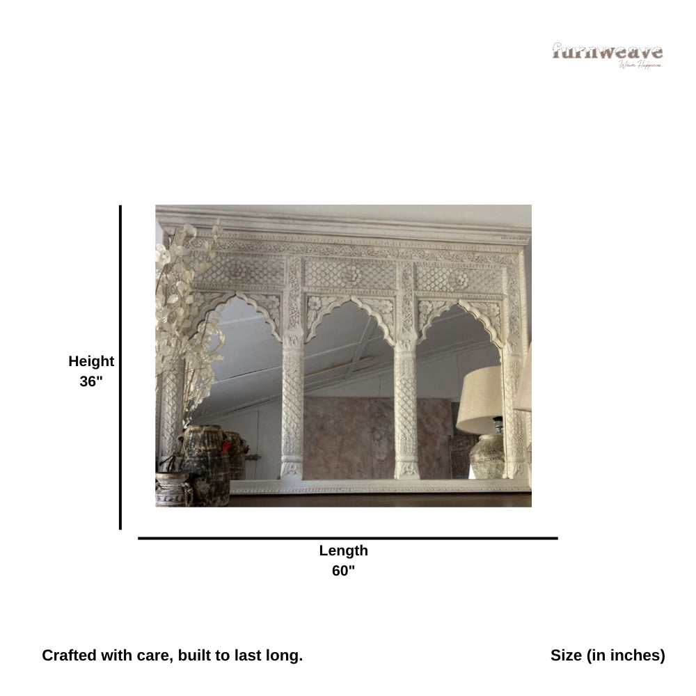 Jharo Wooden Carved Mirror Frame Jharokha (White Distress)