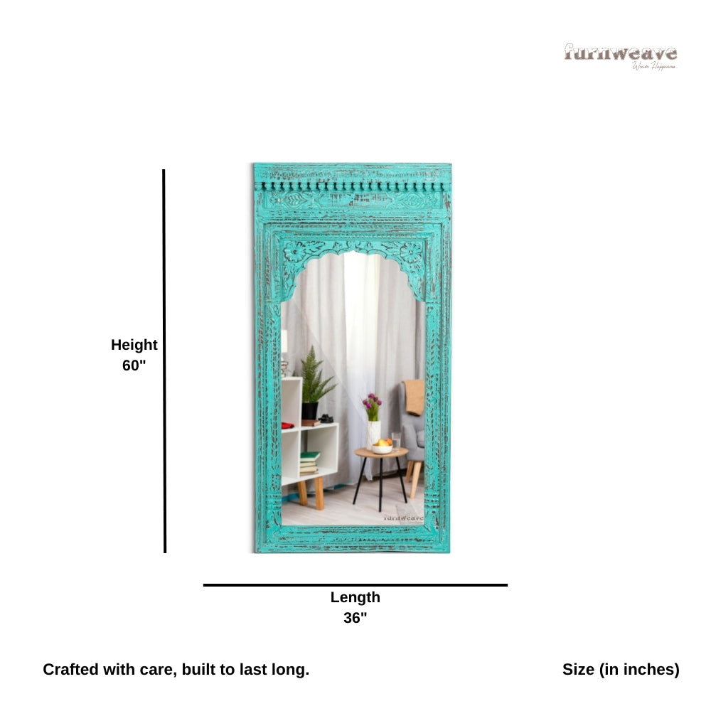 Keva Wooden Carved Mirror Frame (Turquoise Distress)
