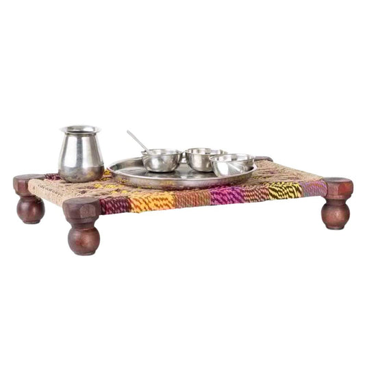 Woven Multipurpose Wooden Chowki for Platter and Pooja (Jute and Multicolor)