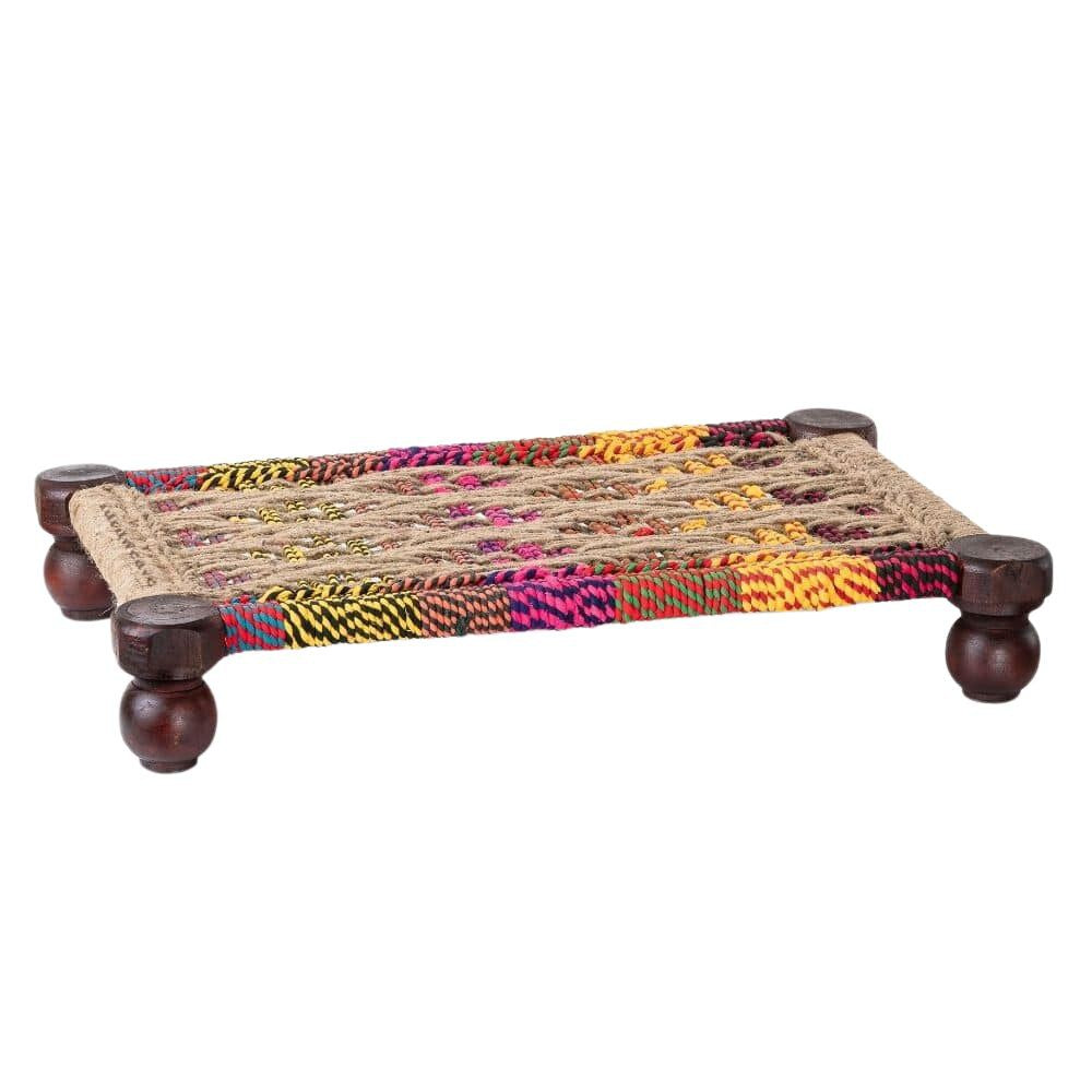 Woven Multipurpose Wooden Chowki for Platter and Pooja (Jute and Multicolor)