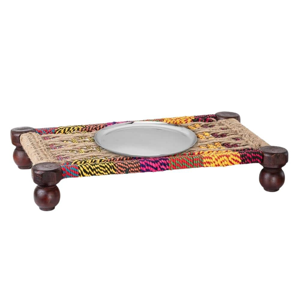 Woven Multipurpose Wooden Chowki for Platter and Pooja (Jute and Multicolor)