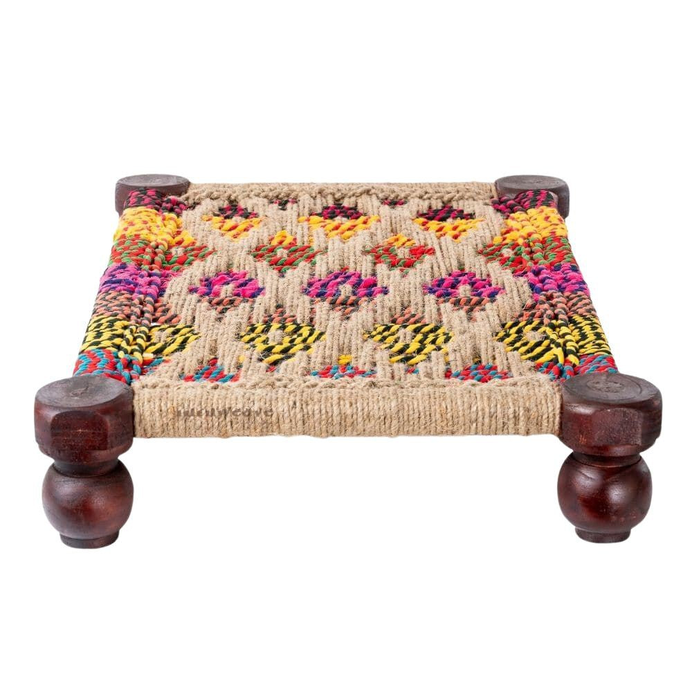 Woven Multipurpose Wooden Chowki for Platter and Pooja (Jute and Multicolor)