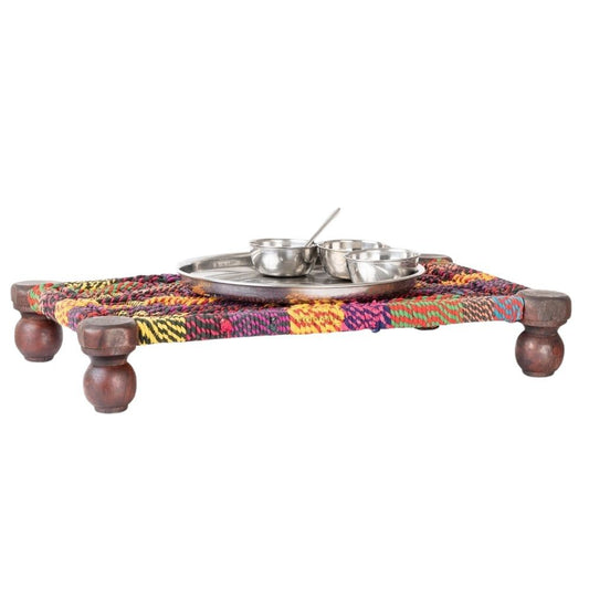Woven Multipurpose Wooden Chowki for Platter and Pooja (Colorful)
