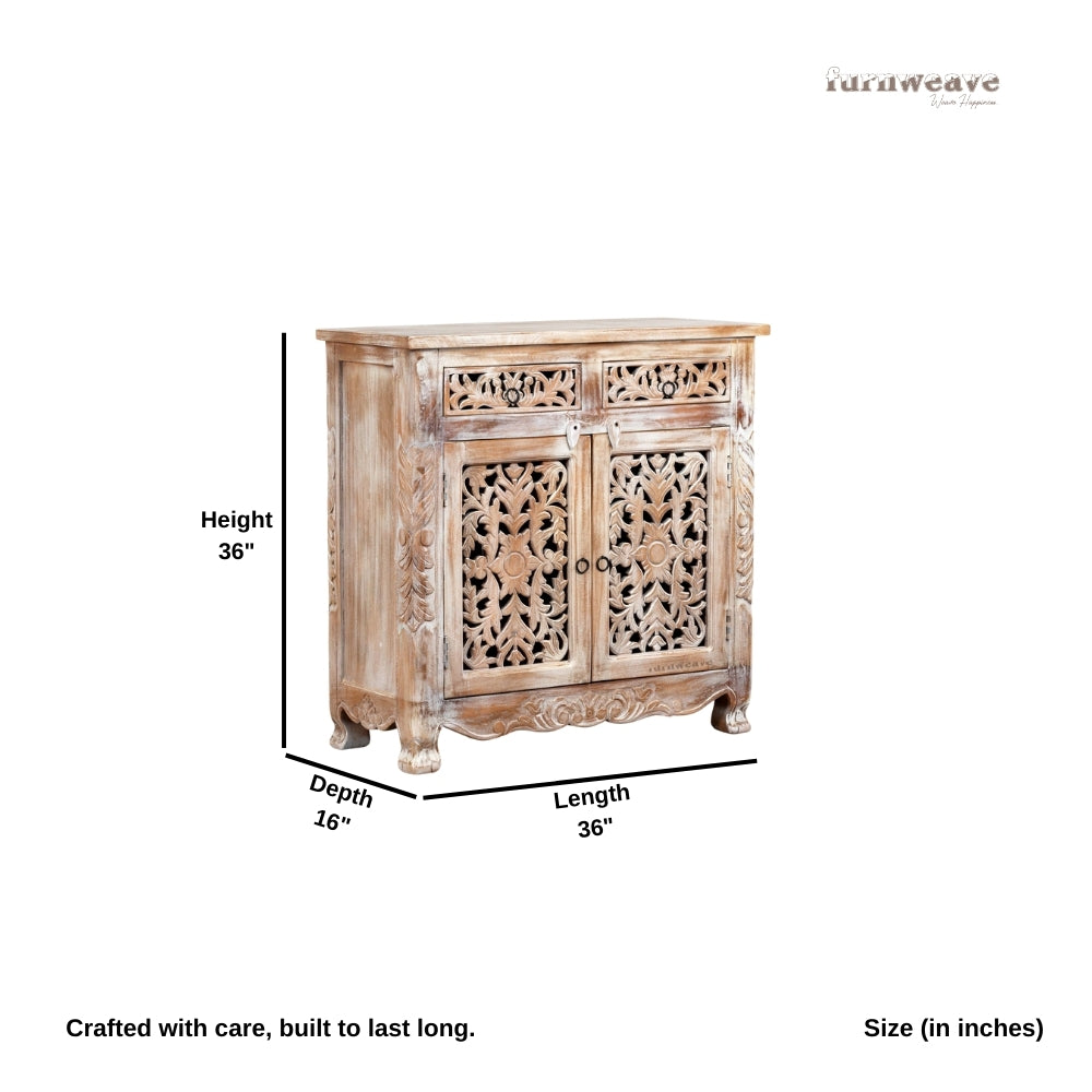 Spive Wooden Carved Cabinet with Drawers (White Distress)
