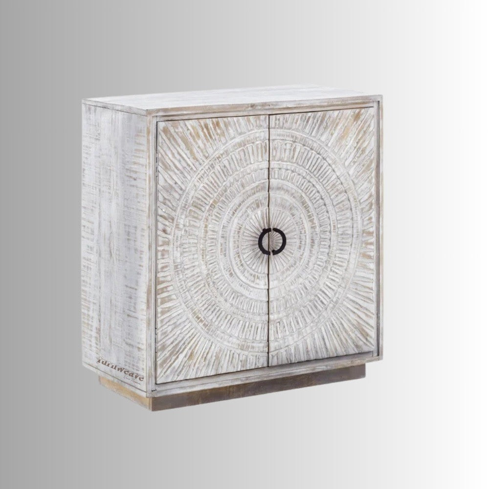 Atriva Wooden Carved Two Door Cabinet (White Distress) | Wooden Cabinet | Cabinet Sideboard | 2-Door Cabinet | Solid Wood Cabinets | Carved Furniture Online | Solid Wood Furniture Online | Furnweave