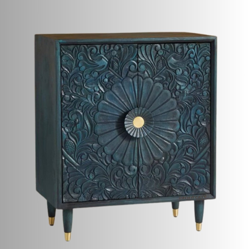 Aerka Wooden Carved Storage Unit (Indigo Antique) | Solid Wood Cabinet | Wooden Storage Cabinet | Wooden Cabinet | Carved Cabinet | Carved Furniture | Solid Wood Furniture Online