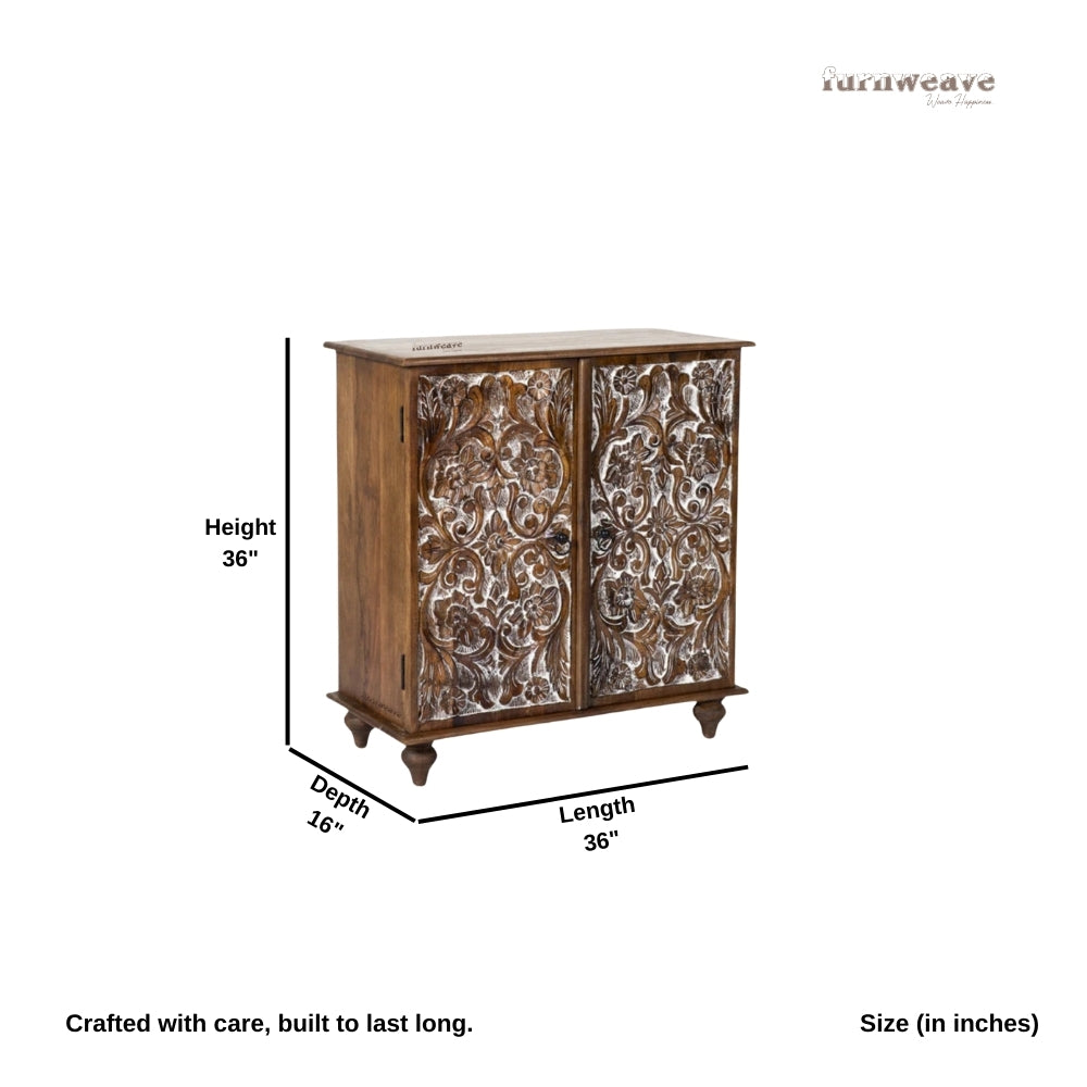 Riwaz Wooden Carved Two Door Cabinet (Brown Distress)