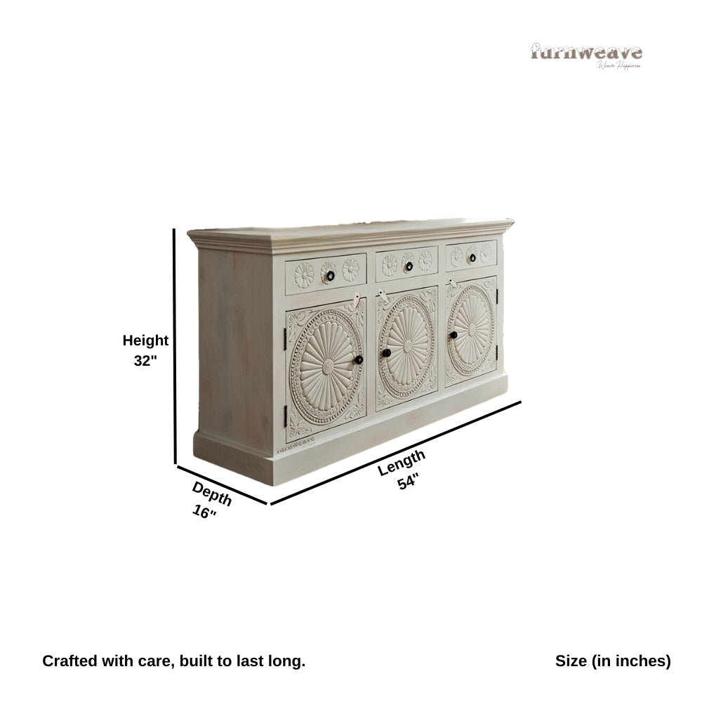 Shefi Wooden Carved Distress Sideboard (White Distress)