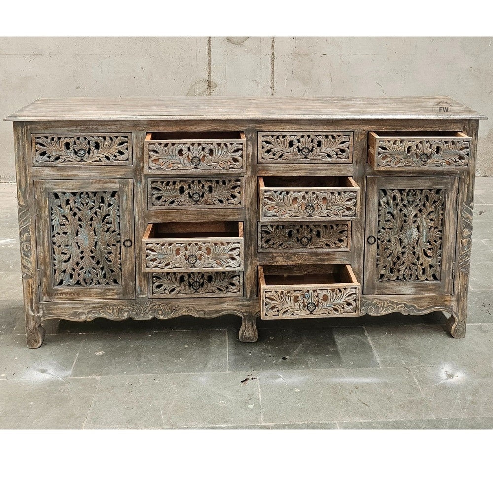Aiska Wooden Carved Storage Sideboard with drawers (Grey Distress)