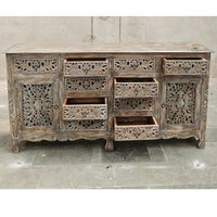 Aiska Wooden Carved Storage Sideboard with drawers (Grey Distress)
