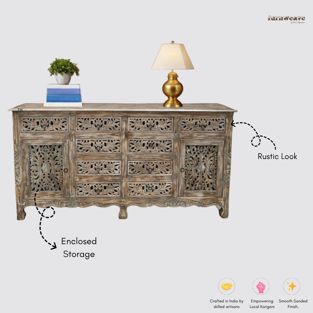 Aiska Wooden Carved Storage Sideboard with drawers (Grey Distress)