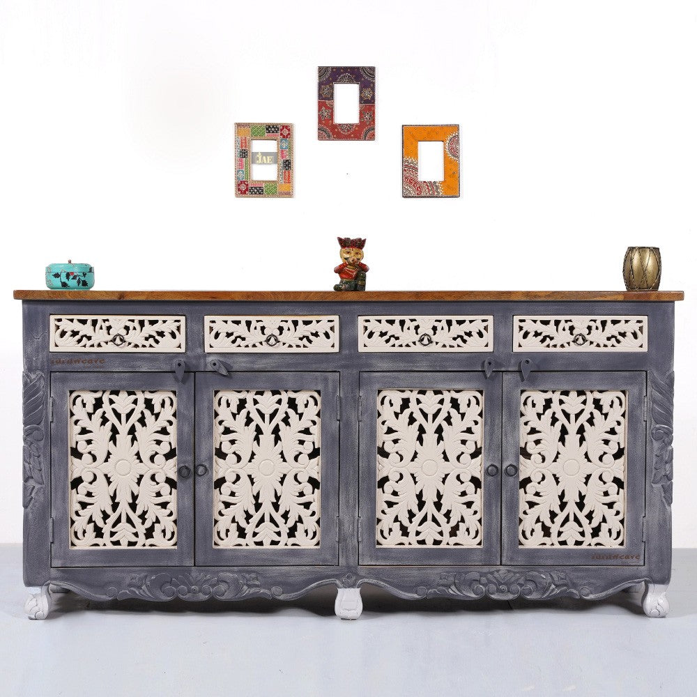 Atena Wooden Carved Sideboard for Storage (Grey Antique) | Wooden Sideboard | Cabinet Sideboard | Wooden Carved Furniture | Solid Wood Furniture Online | Furnweave