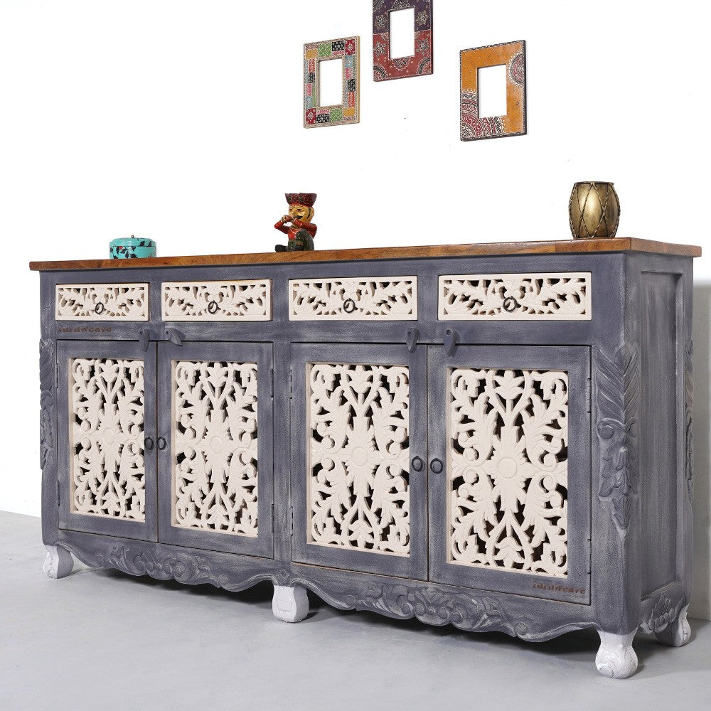 Atena Wooden Carved Sideboard for Storage (Grey Antique)