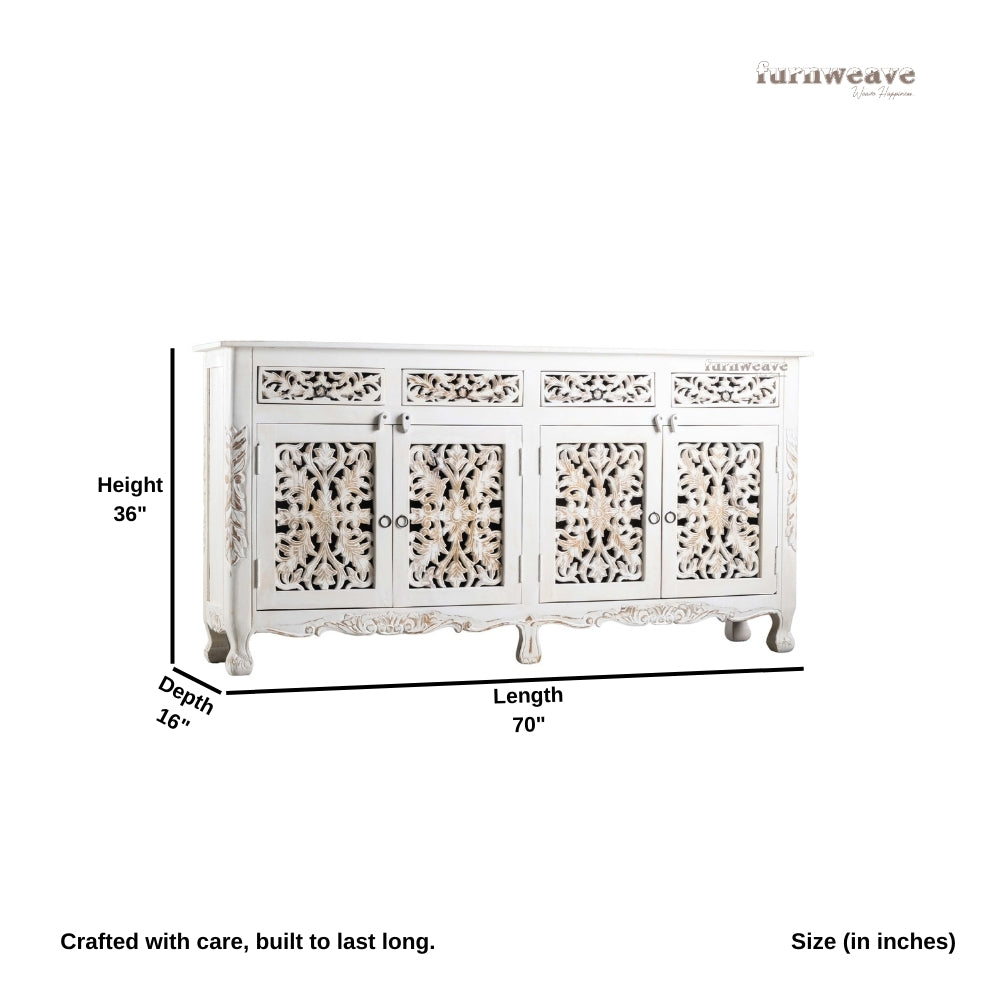 Atena Wooden Carved Sideboard for Storage (White Distress)