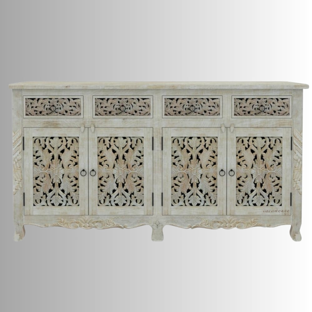 Atena Wooden Carved Sideboard for Storage (White Distress)