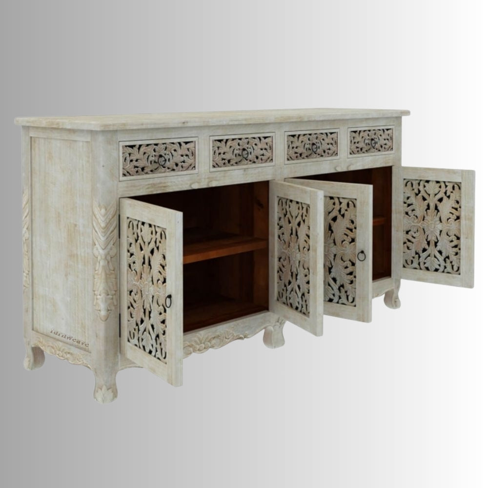 Atena Wooden Carved Sideboard for Storage (White Distress)