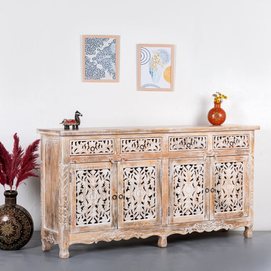 Atena Wooden Carved Sideboard for Storage (Natural Distress)
