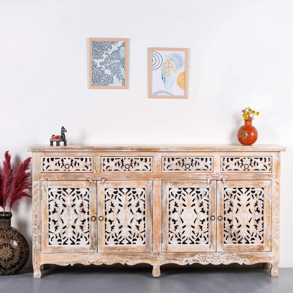 Atena Wooden Carved Sideboard for Storage (Natural Distress)