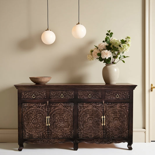 Onav Wooden Carved Storage Crockery Unit (Walnut)