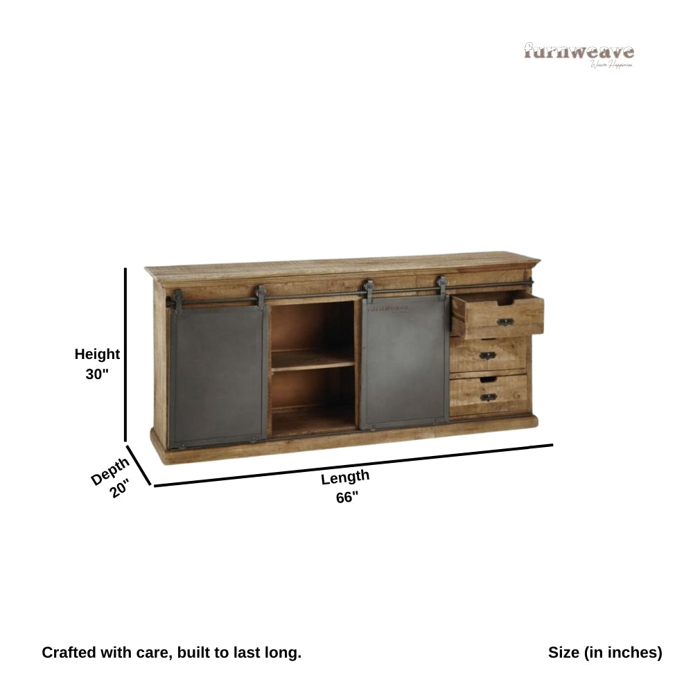 Saang Industrial Solid Wood Sliding Sideboard (Industrial Natural)