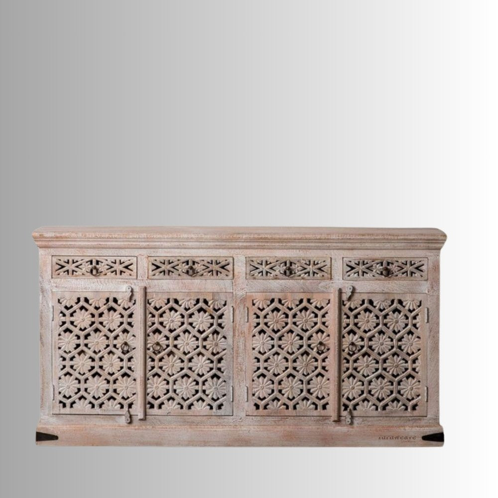 Afai Wooden Large Sideboard for Storage (Rustic White) | Carved Sideboard | Wooden Carved Furniture | Solid Wood Furniture | Wooden Sideboard | Cabinet Sideboard