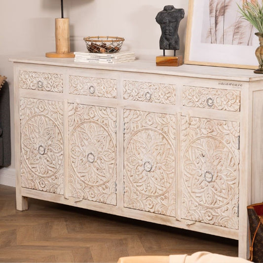 Rakina Wooden Carved Storage Sideboard (Cream Distress)