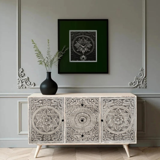 Phili Wooden Carved Storage Cabinet (White Distress)