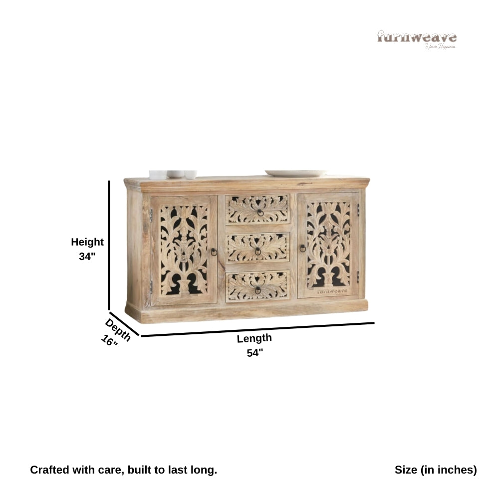 Une Wooden Carved Storage Cabinet Sideboard (White Distress)