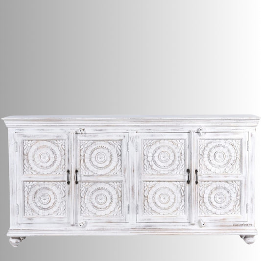 Rifo Wooden Designer Antique Carved Sideboard (White Distress)