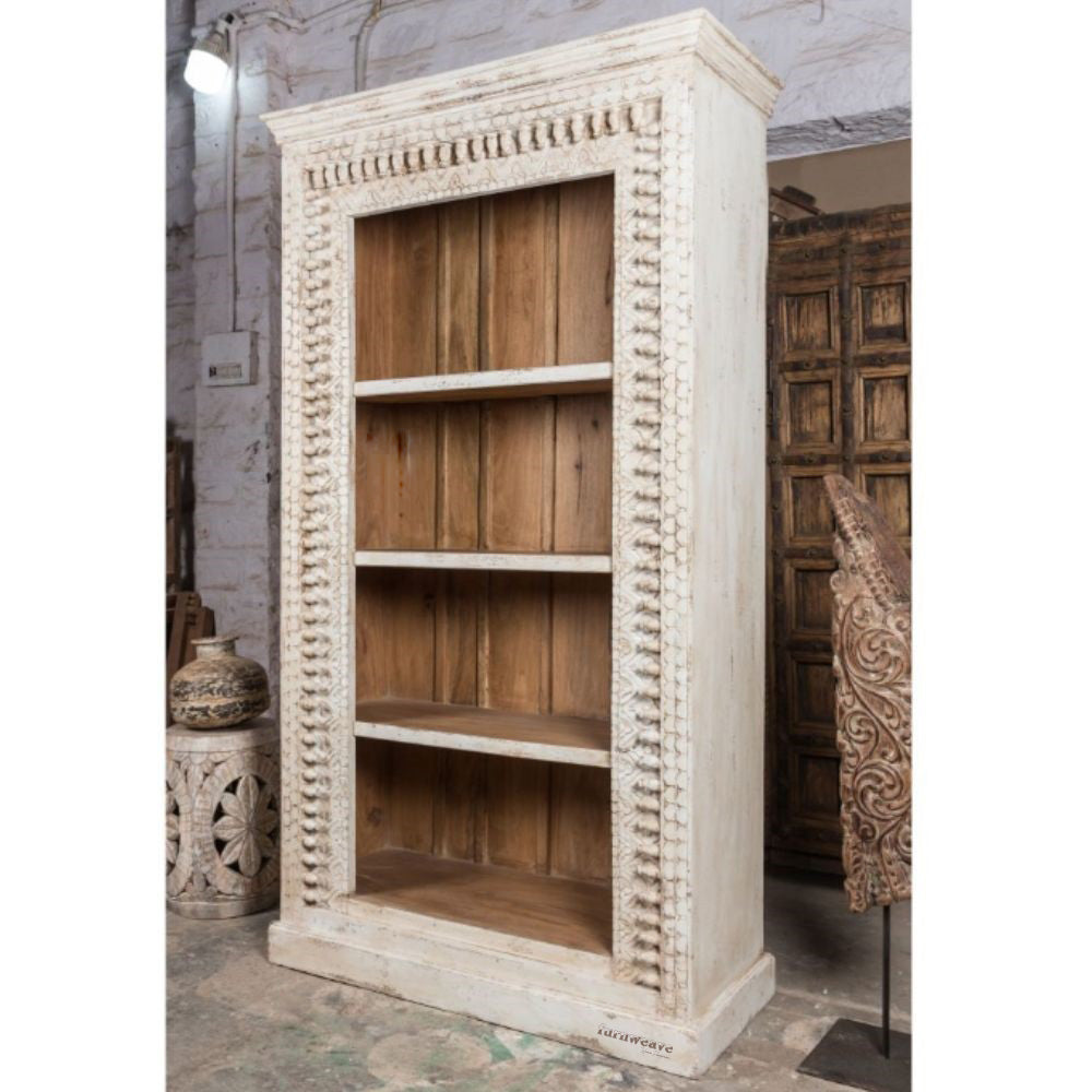 Utiva Wooden Carved Book Shelf Display Unit (White Antique)