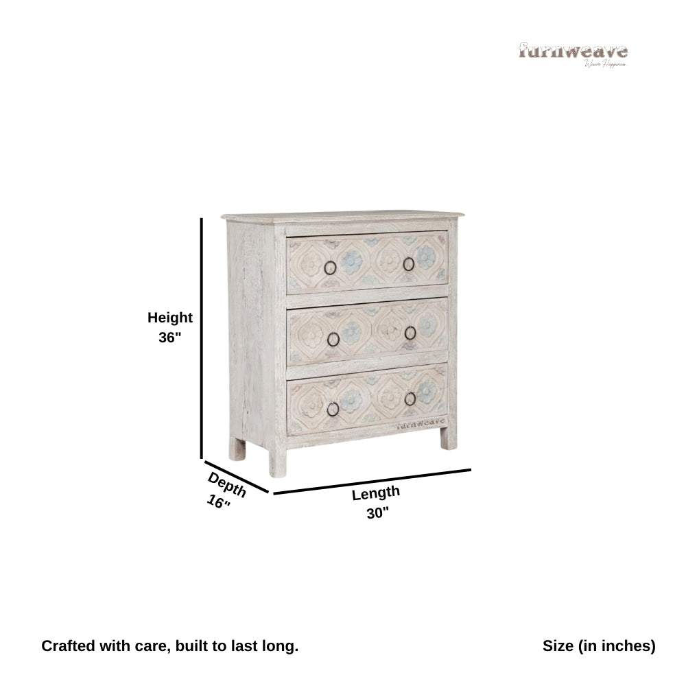 Yivya Wooden Carved Chest of Drawers (White Distress)