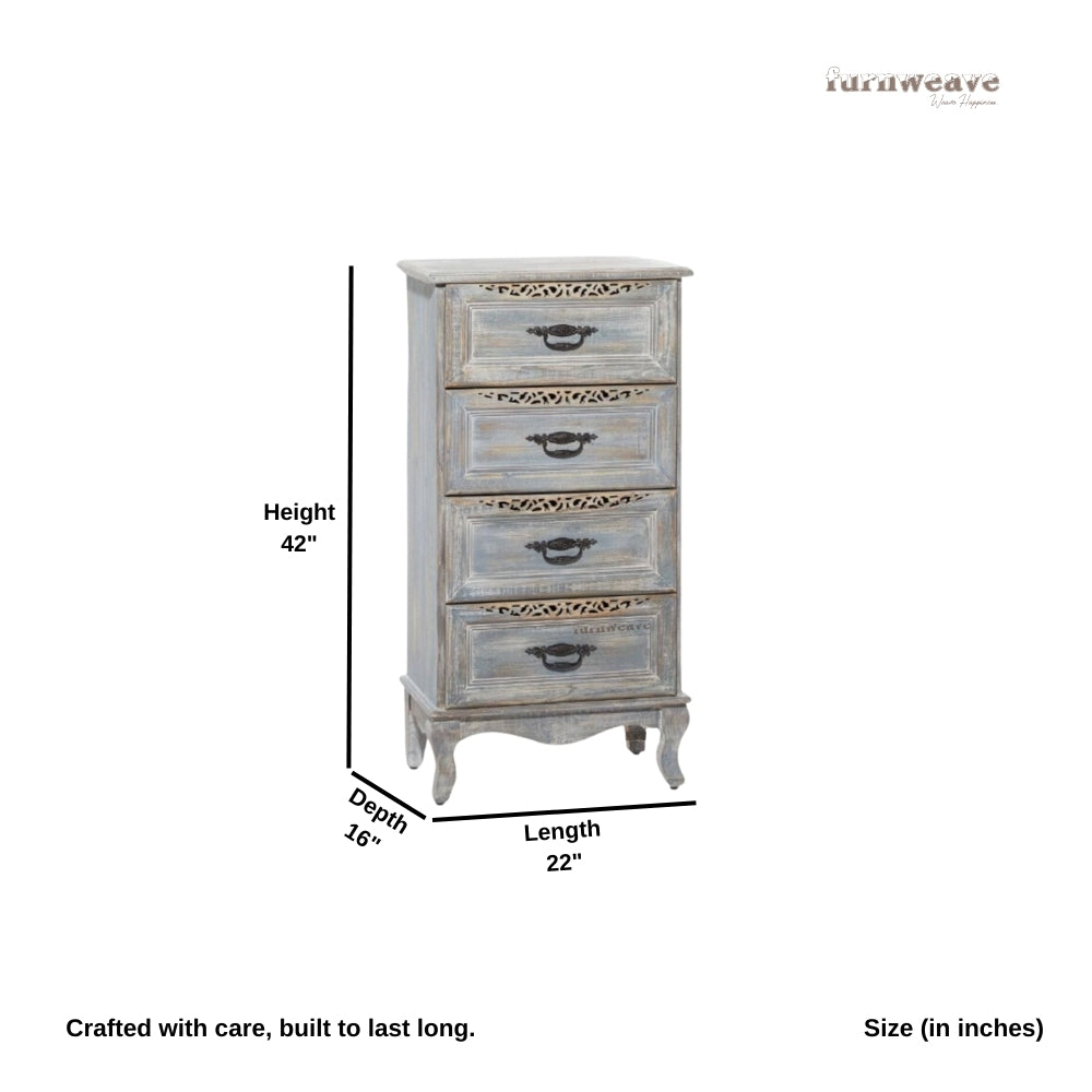Jefea Wooden Carved Chest of Drawer (Grey Antique)