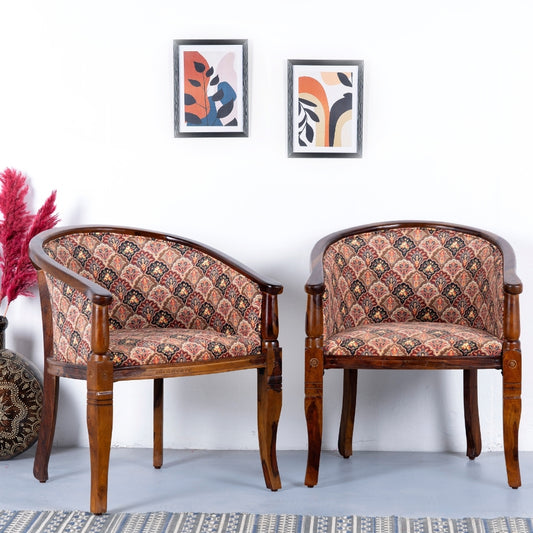 Sukriya Wooden Upholstered Arm Chair Set of Two (Teak Finish)