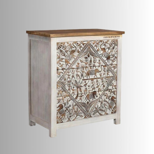 Atra Wooden Carved Chest of Drawer (White Distress) | Solid Wood Chest of Drawers | Wooden Chest of Drawers | Solid Wood Furniture Online | Wooden Carved Furniture Online | Furnweave