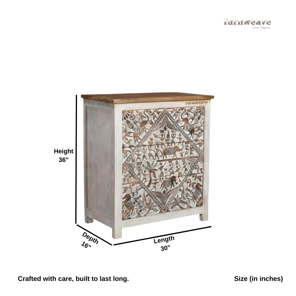 Atra Wooden Carved Chest of Drawer (White Distress)