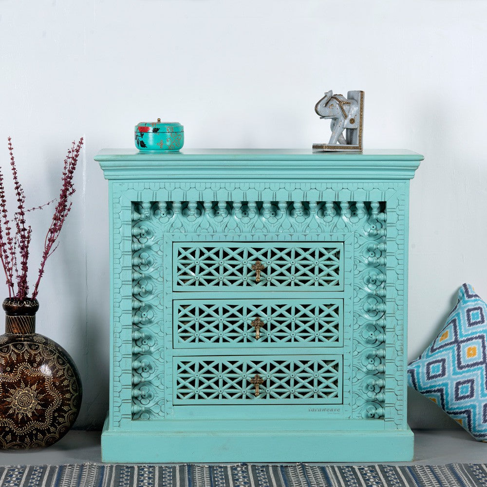 Karwah Wooden Carved Chest of Drawers (Green Distress)