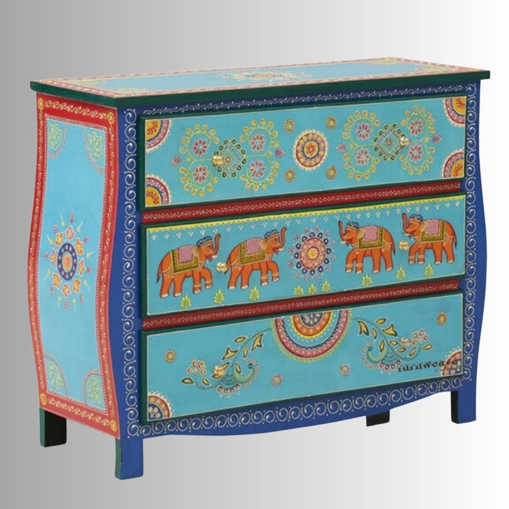 Amrit Wooden Chest of Drawers (Blue) | Wooden Handpainted Furniture Online | Chest of Drawers Online | Solid Wood Furniture Online | Furnweave