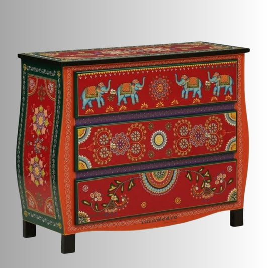 Amrit Wooden Chest of Drawers (Red) | Solid Wood Chest of Drawers | Solid Wood Furniture Online | Wooden Handpainted Furniture | Furnweave