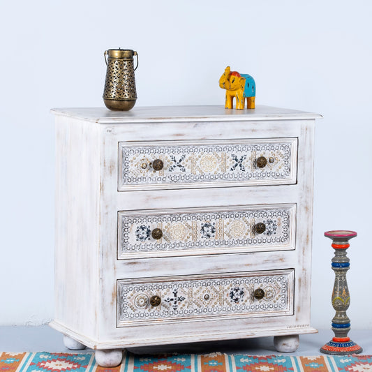 Sena Wooden Brass Rustic Chest of Drawer (White Distress)