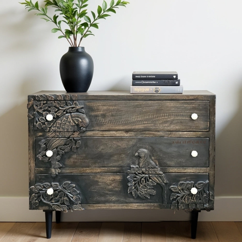 Bird Cabinet with Three Drawers (Black Distress)