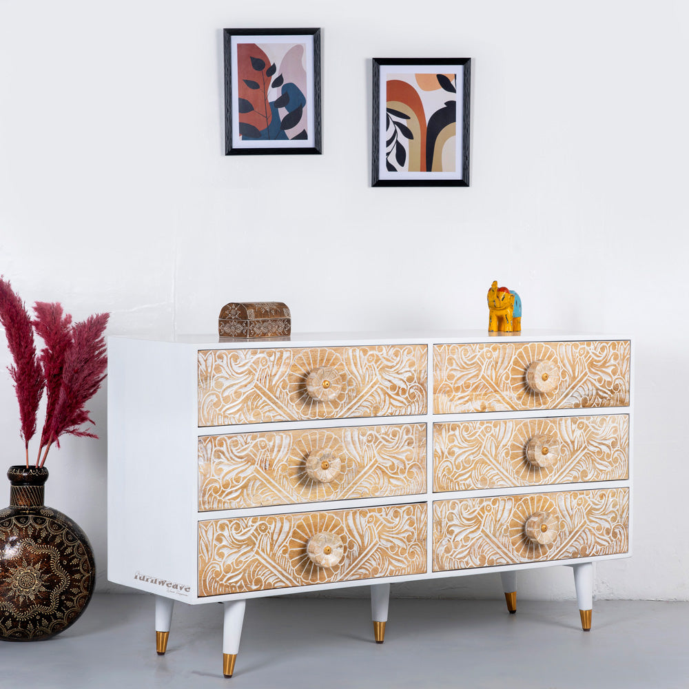 Tefea Wooden Carved Chest of Drawers (White) Model 2