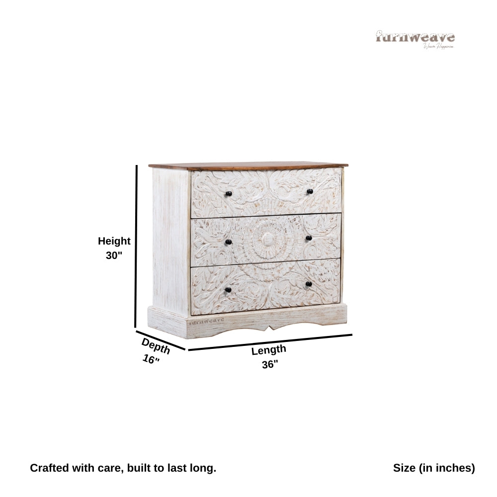 Khema Wooden Carved Chest of Drawer (Off White Distress)