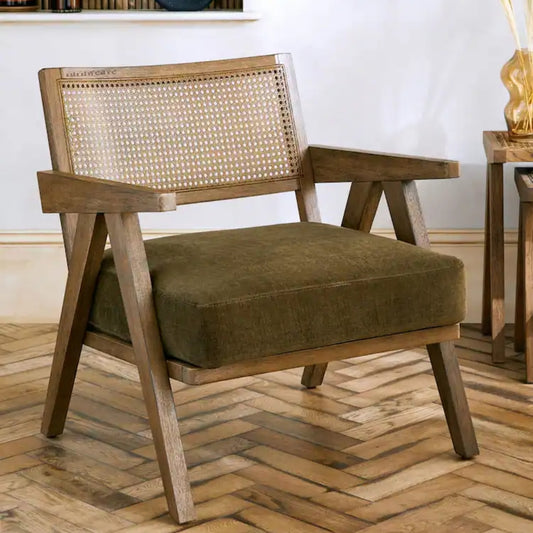 Sevag Wooden Rattan Chair  with Thick Seat Upholstery (Brown)