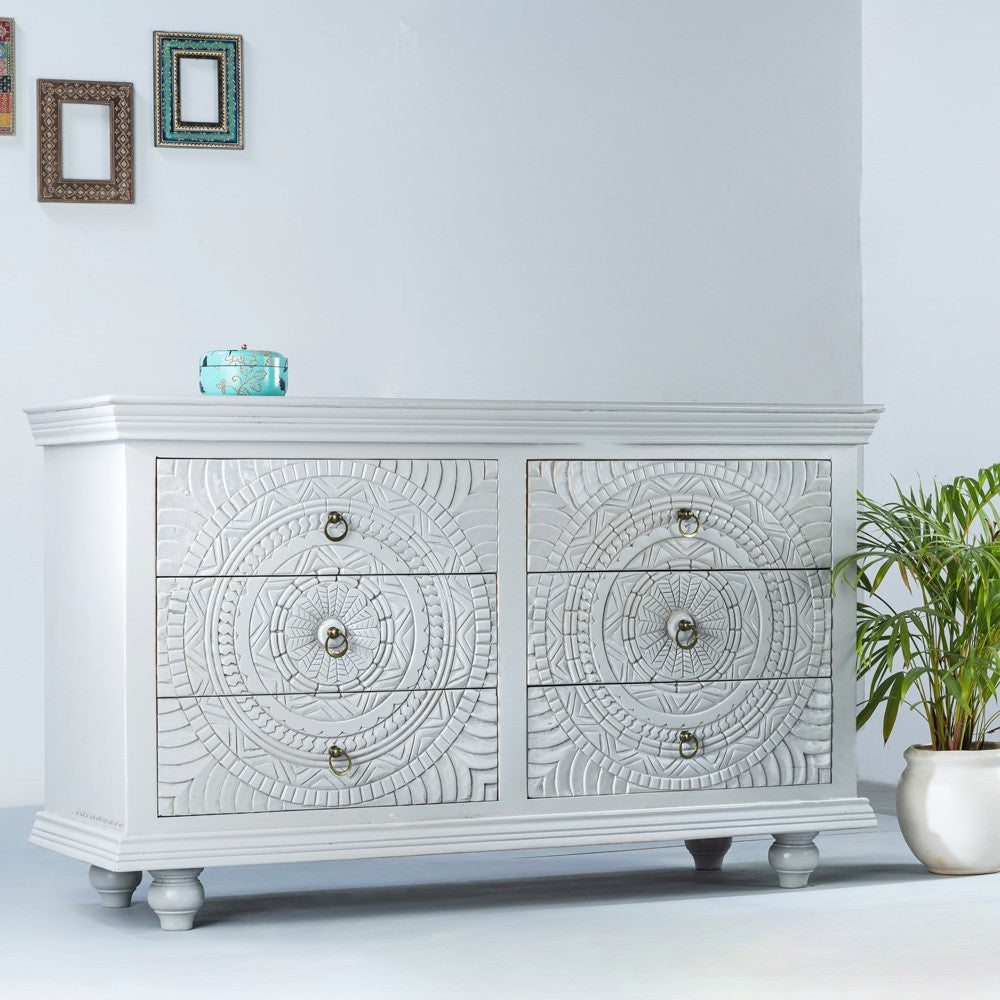 Wose Wooden Chest of Drawers (Grey) | Solid Wood Storage Furniture | Wooden Storage Furniture | Solid Wood Furniture Online | Carved Sideboard | Cabinet Sideboard | Furnweave