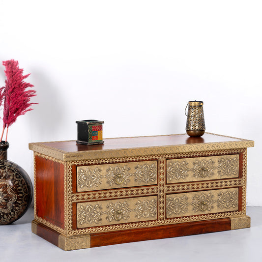 Hunika Wooden Brass Fitted Antique TV Unit (Teak) (Model 2)