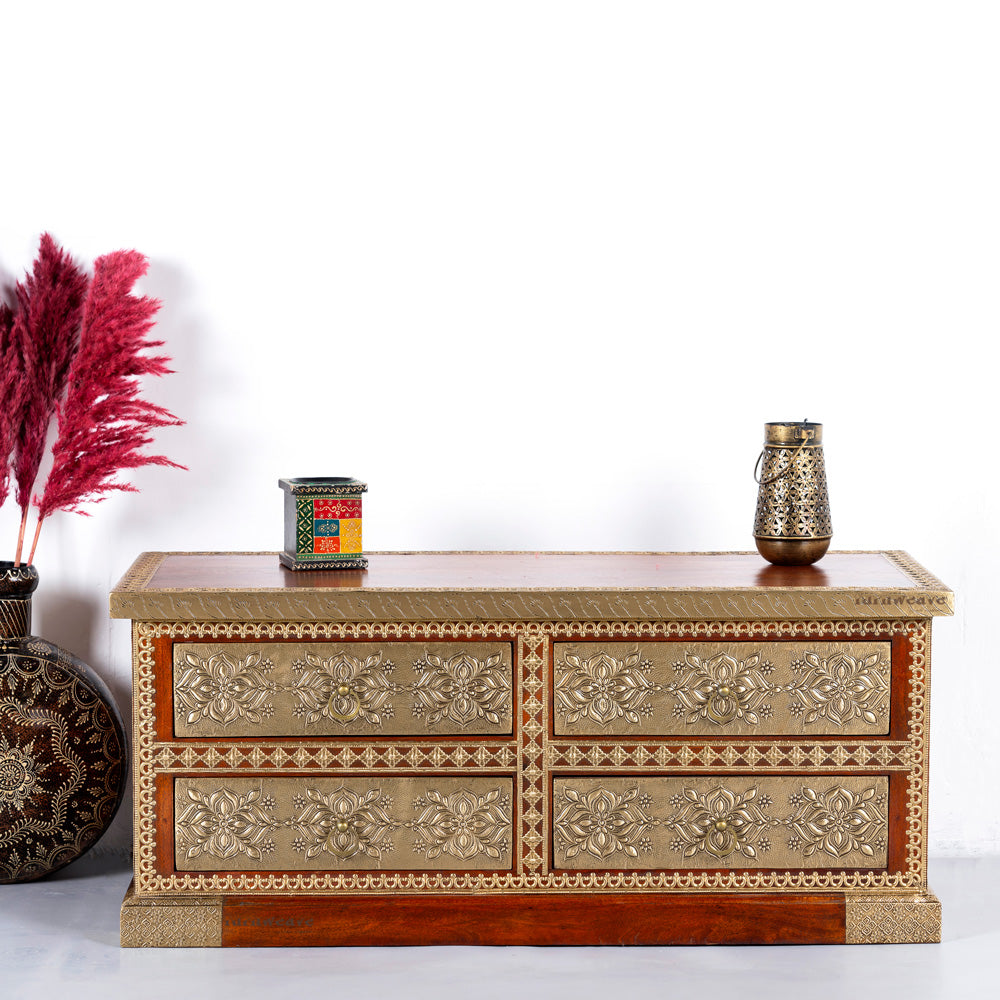 Hunika Wooden Brass Fitted Antique TV Unit (Teak) (Model 2)