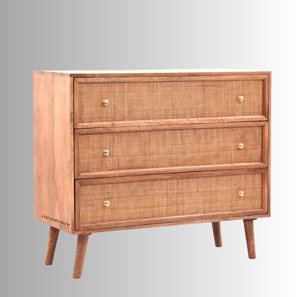 Tihsa Wooden Rattan Chest of Drawer (Light Brown) | Wooden Chest of drawers | Solid Wood Storage Furniture | Rattan Furniture | Rattan Cabinets| Furnweave | Solid Wood Furniture Online